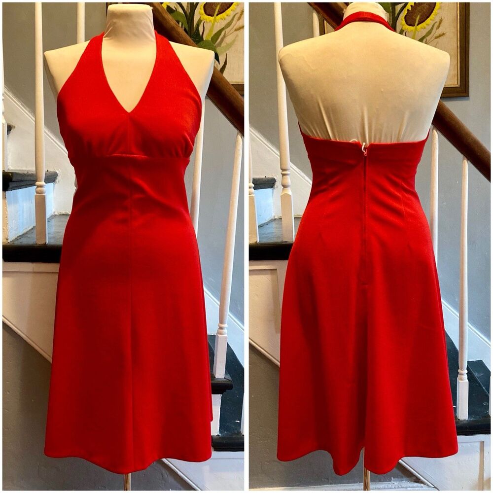 1970s Bright Red Halter Dress A-line Summer Sundress Disco Hippie Sexy Cute Mod
